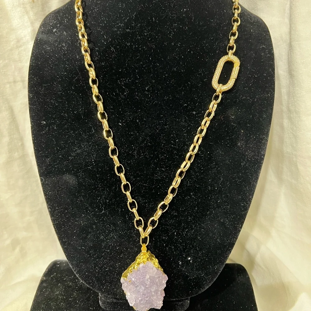 Amethyst Crystal Cluster Pendant On A 26” Inch Gold Chain W/ Rhinestone☑️